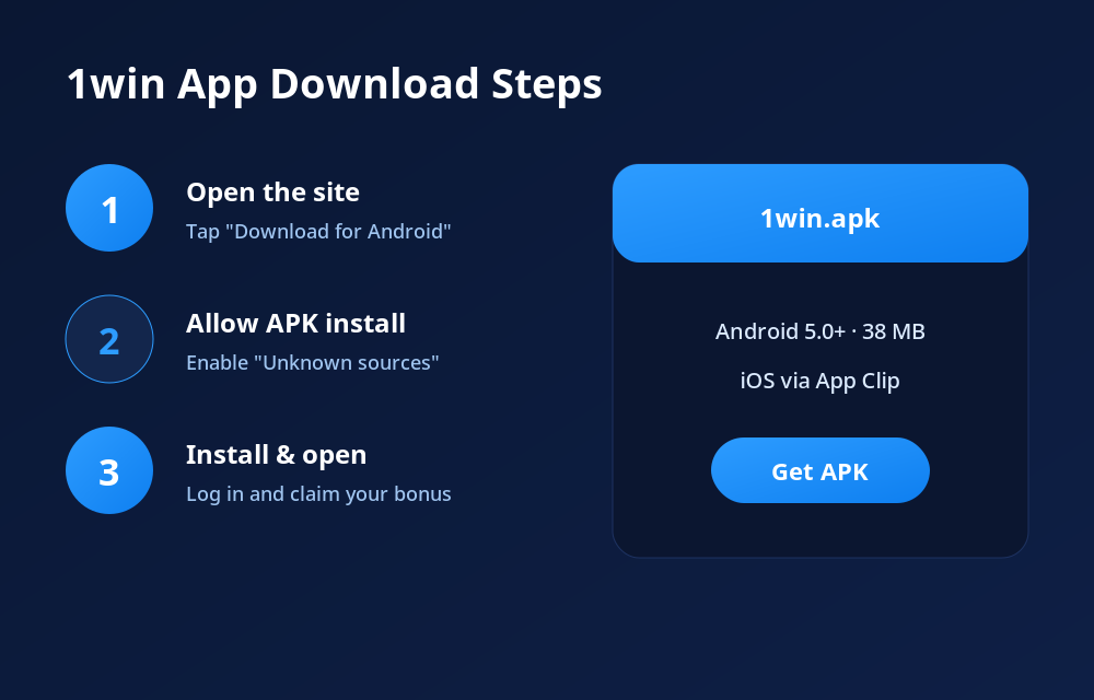 1win app download steps: open the site, allow APK install, then install and log in